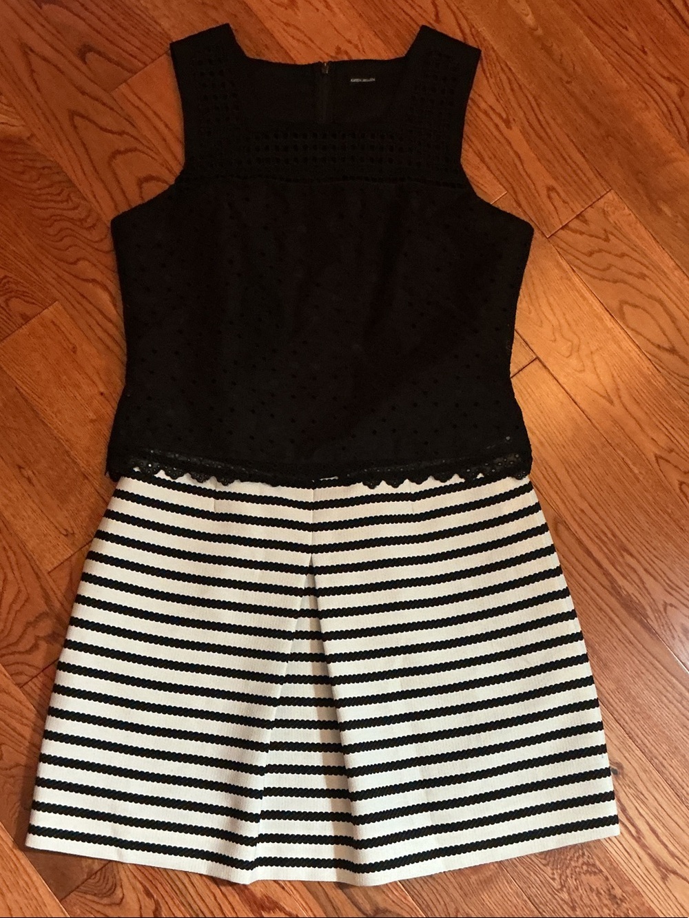 Karen Millen Black Eyelet Top with Black & White Striped Dress